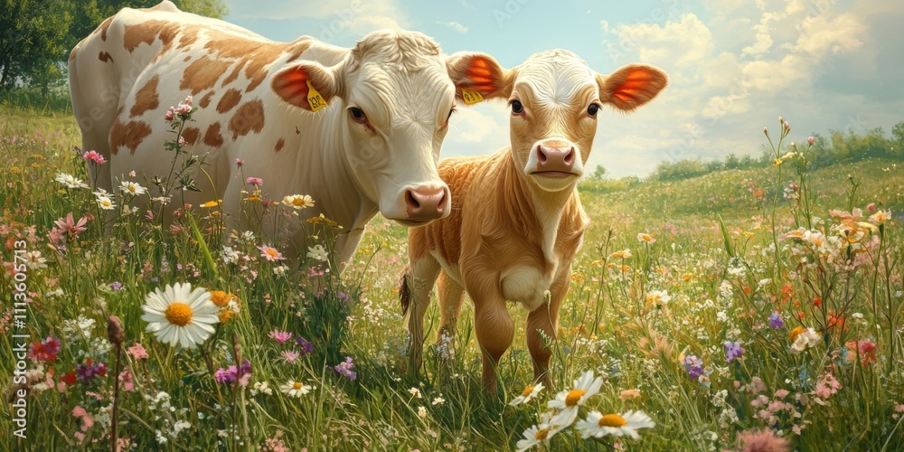 Two Playful Calves in a Colorful Meadow Filled with Wildflowers Under a Bright Blue Sky in a Serene Natural Landscape Two Playful Calves in a Colorful Meadow Filled with Wildflowers Under a Bright Blue Sky in a Serene Natural Landscape