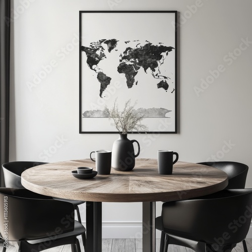 Modern dining area features a black and white world map and contemporary furn...