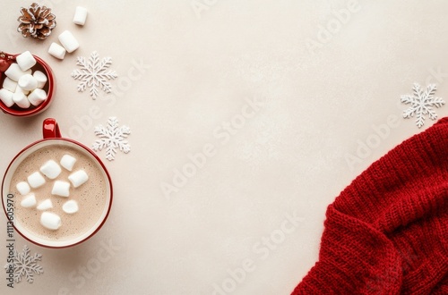 Warm hot chocolate with marshmallows and festive decor during winter season