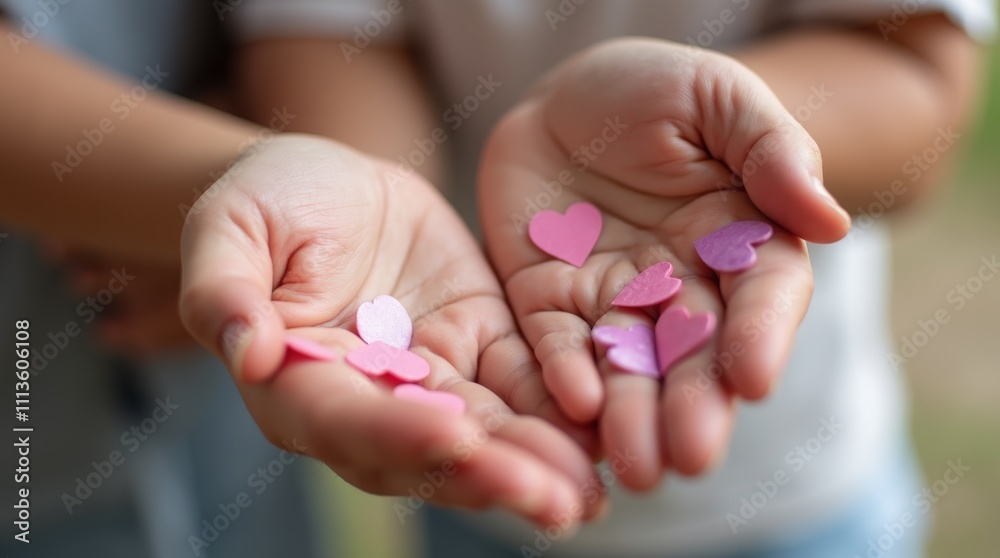 Hands holding small pink and purple paper hearts, symbolizing love and care Hands holding small pink and purple paper hearts, symbolizing love and care