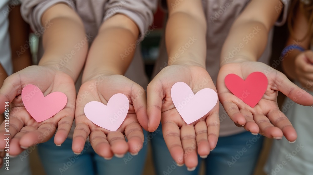 Four hands holding pink and red paper hearts, symbolizing love and unity Four hands holding pink and red paper hearts, symbolizing love and unity
