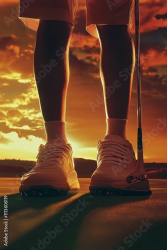 Close up of golfer preparing to putt on a sunny day in lush green landscape