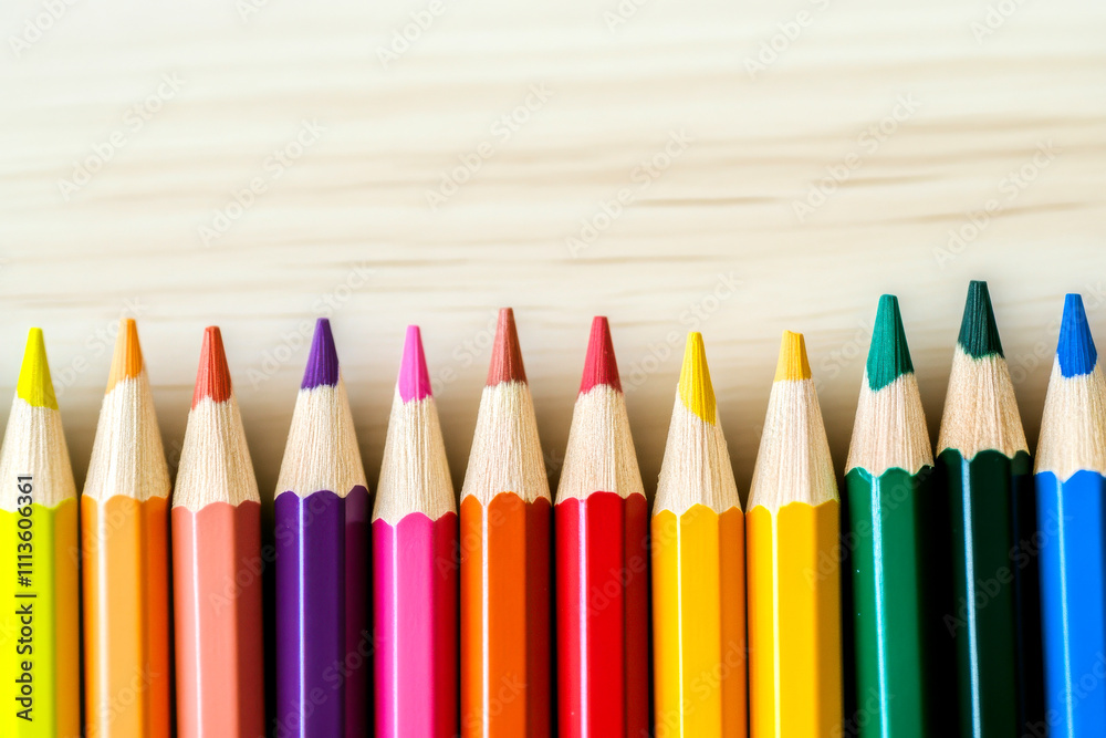 Fototapeta premium A vibrant row of colored pencils arranged neatly on a light wooden surface, showcasing a variety of colors ready for creative projects.