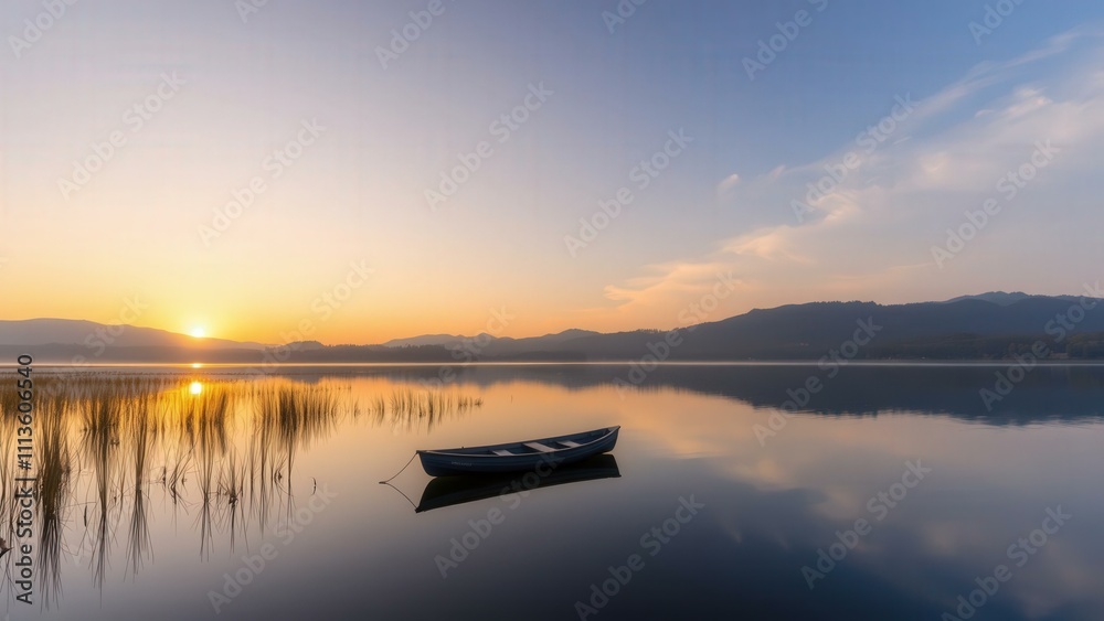 Naklejka premium Serene Sunrise Over Calm Lake with Lonely Boat Reflecting Golden Skies and Majestic Mountains