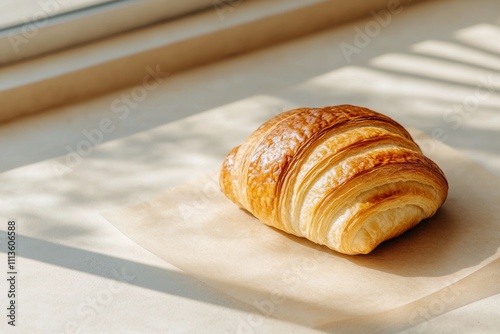 Delicious golden croissant placed on a light surface with delicate floral dec...