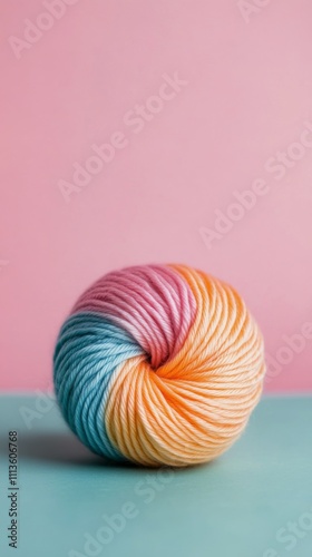 Display of colorful yarn balls in pastel shades arranged on a soft pink backg...