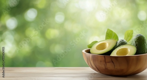 Fresh avocados on wooden table with green blurred background in a natural set...