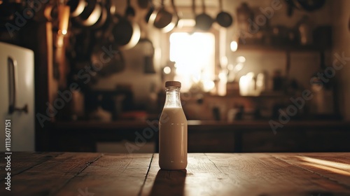 Vintage milk bottle placed on wooden table in a cozy kitchen during late afte...