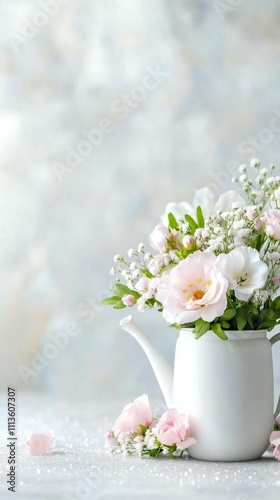 Fresh white flowers in a watering can against a blurred background of soft light