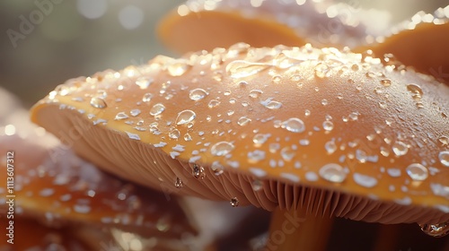 Dew Drops on Orange Mushrooms Cluster photo