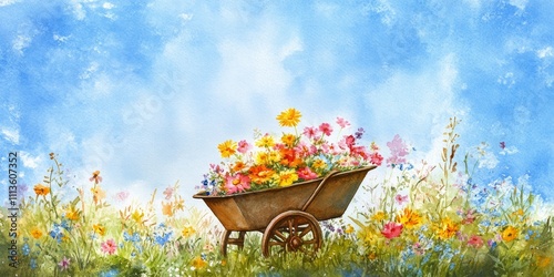 Colorful flower filled wheelbarrow in a vibrant garden under a clear blue sky