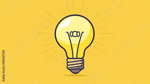 A yellow lightbulb with a glowing filament and rays emanating from it.