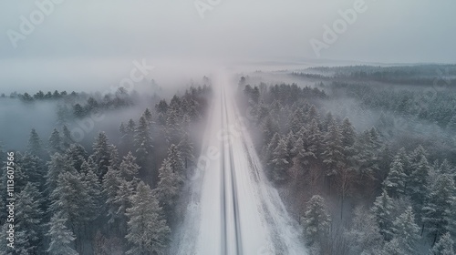 Winter road through snow covered forest with fog and mist in early morning light