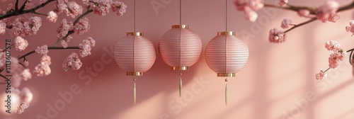 Soft pink lanterns hang gracefully among cherry blossoms in a serene setting