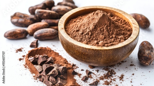 A wooden bowl filled with cocoa powder, surrounded by cocoa beans and chocolate pieces.