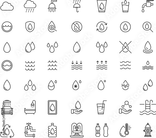 Water drops icon set. Editable vector water line icons. A drop of water. Washing, shower. Vector illustration