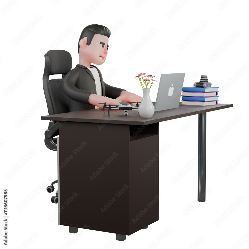 Cartoon Cameraman Design in Creative Style Artwork 3D. A male cameraman sits on a chair with a laptop on the table while typing on the keyboard with both hands, happy expression. Creative Illustration Cartoon Cameraman Design in Creative Style Artwork 3D. A male cameraman sits on a chair with a laptop on the table while typing on the keyboard with both hands, happy expression. Creative Illustration