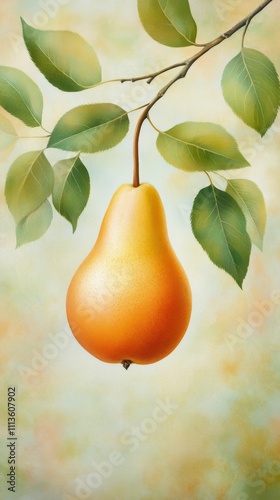 Ripe pear hanging on branch among green leaves in a serene natural environment