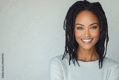 Portrait of a woman with long dreadlocks smiling against a light background
