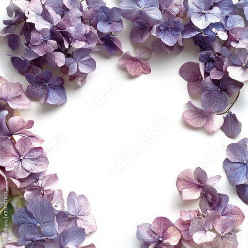 Beautiful watercolor illustration of hydrangea flowers arranged in a decorati...