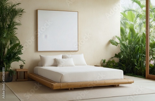 Modern minimalist bedroom with bamboo bed and lush indoor plants in bright na...