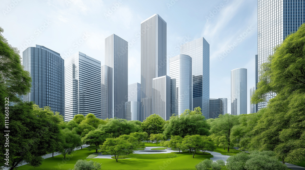 Obraz premium A delicate balance between the urban and the natural, as towering skyscrapers are embraced by lush greenery,Harmonious,Metropolis.