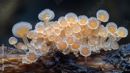 Cluster of Delicate Pale Orange Mushrooms on Wood photo