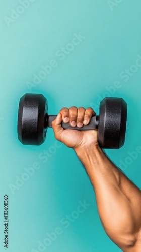 Hand gripping a black dumbbell against a vibrant teal background