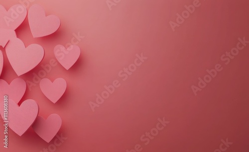 Pink paper hearts scattered on a soft pink background for a festive celebration