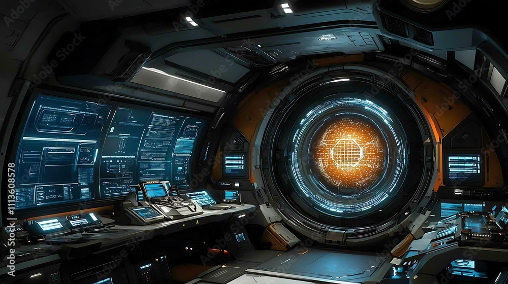 Futuristic spaceship bridge interior with glowing controls and circular portal. Futuristic spaceship bridge interior with glowing controls and circular portal.