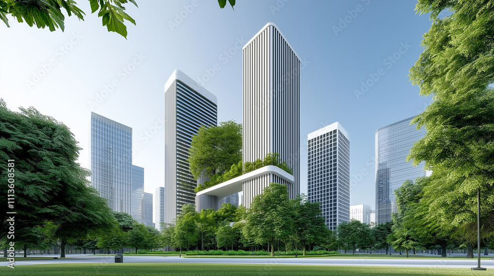 Obraz premium A delicate balance between the urban and the natural, as towering skyscrapers are embraced by lush greenery,Harmonious,Metropolis.