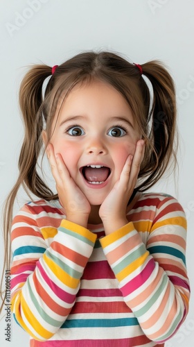Excited young girl expresses surprise with wide eyes and open mouth while hol...
