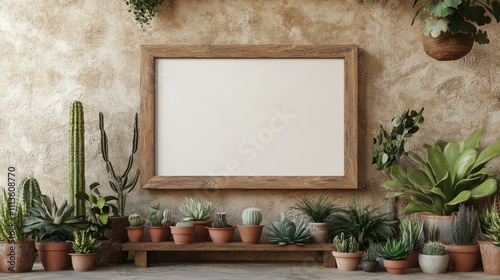 Indoor plant arrangement on a wooden table showcasing diverse greenery and em...