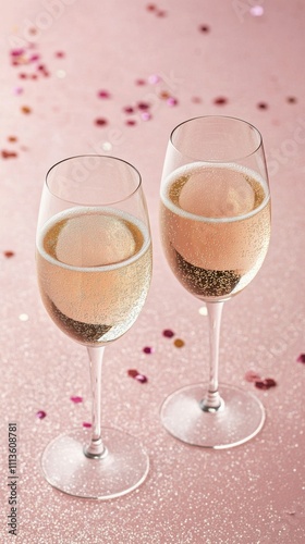 Celebration with sparkling drinks in elegant glasses on a pink glitter backgr...