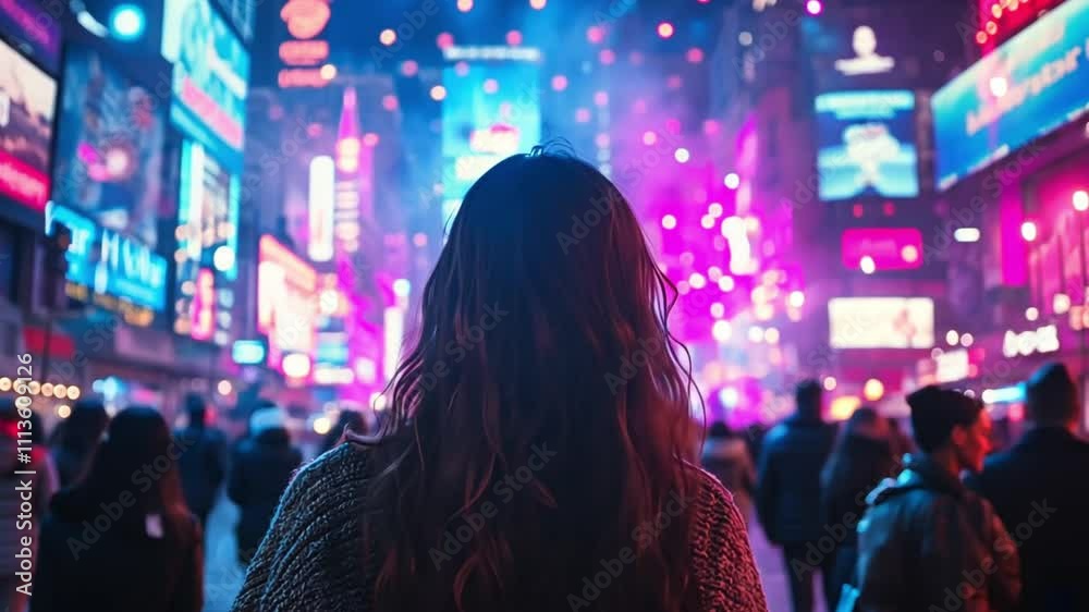 A woman stands with her back to the camera, gazing at the vibrant, dazzling spectacle of a city at night. A woman stands with her back to the camera, gazing at the vibrant, dazzling spectacle of a city at night.