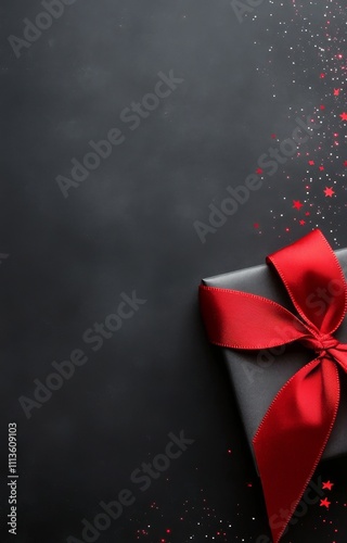 Gift wrapped in black paper with red ribbon and stars on dark background