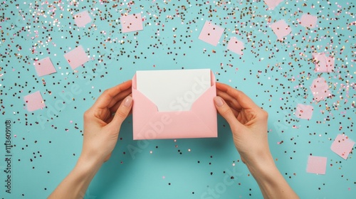 Bright celebration with hands holding a pink envelope on a colorful confetti ...