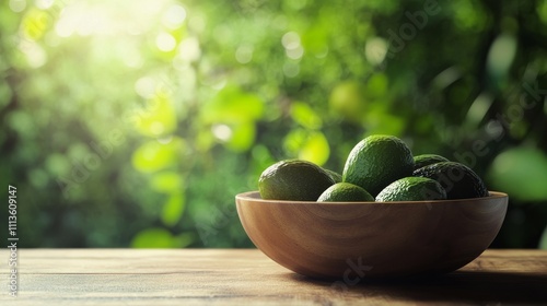 Fresh avocados in a wooden bowl on a table in a sunny outdoor setting surroun...