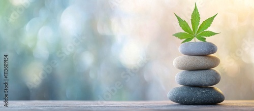 Relaxing spa arrangement with stacked stones and green leaves for wellness an...
