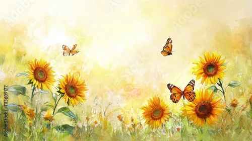 Sunflowers bloom under soft sunlight with butterflies fluttering around in a ...