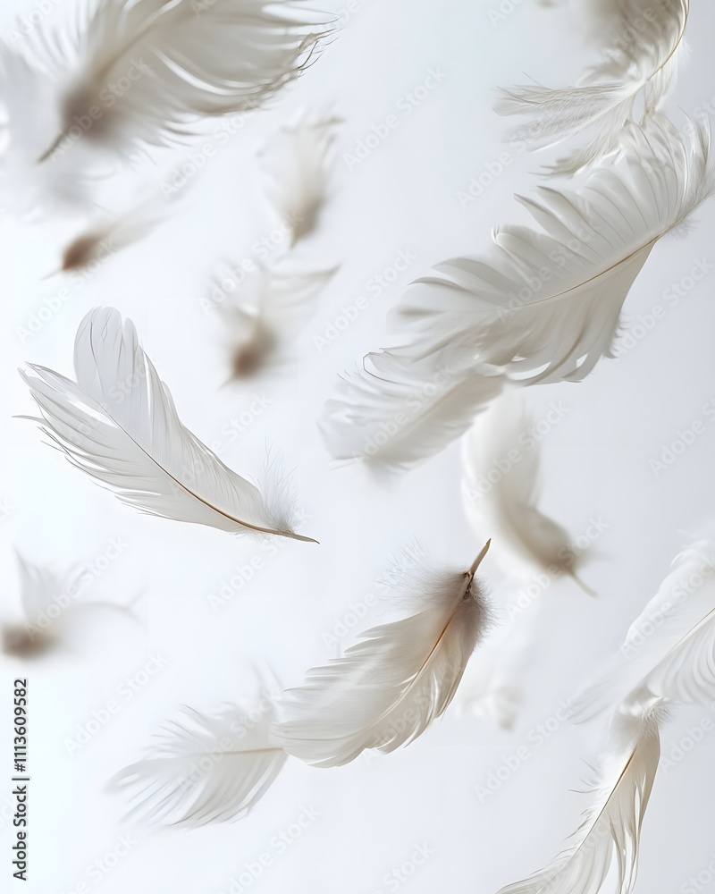 A collection of delicate white feathers floating gracefully against a light background.
