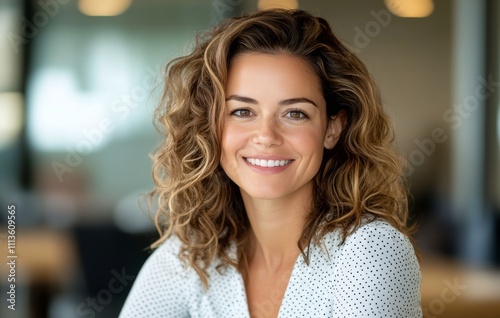 Smiling woman with curly hair in an office setting during daylight hours