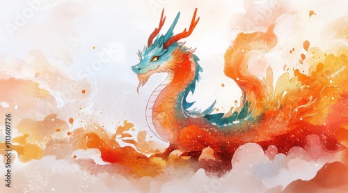 Colorful dragon character in a whimsical artistic landscape during a fantasy ...