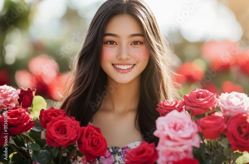 Young woman holding vibrant roses in a sunny garden during afternoon light