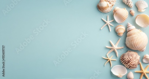Collection of seashells and starfish arranged on a light blue background for ...