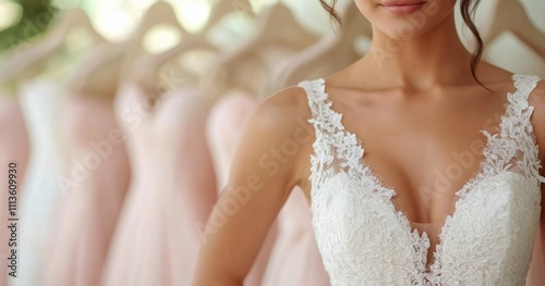 Stunning bride stands with bridesmaids in soft pastel dresses in a bridal sho...