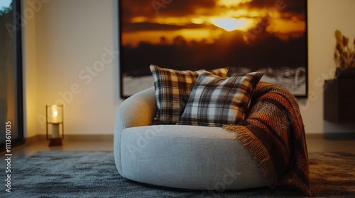 Cozy round chair in a modern living room with sunset view and warm ambiance
