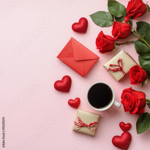 Romantic setup with red roses, hearts, coffee, and a letter for a special occ...