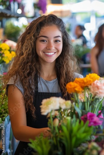 Smiling florist arranging colorful flowers in a vibrant flower shop setting