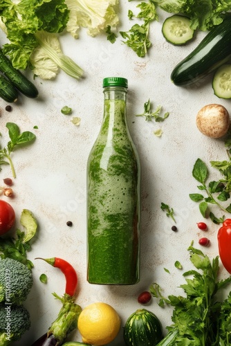 Fresh green juice surrounded by a variety of colorful vegetables and greens i...